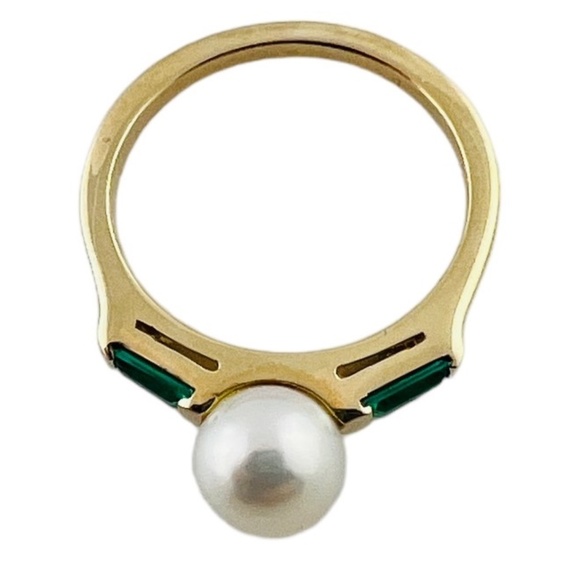 14K Yellow Gold Cultured Pearl Lab Created Emerald Ring Size 5 #15676 - Picture 5 of 9